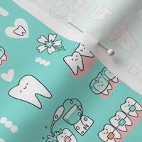 2 inches tooth. Mint Dentist and Orthodontic medicine fabric pattern with teeth, tooth, invisible braces, water floss irrigation, toothbrush. Oral hygiene design.