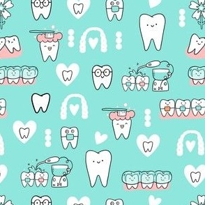 2 inches tooth. Mint Dentist and Orthodontic medicine fabric pattern with teeth, tooth, invisible braces, water floss irrigation, toothbrush. Oral hygiene design.