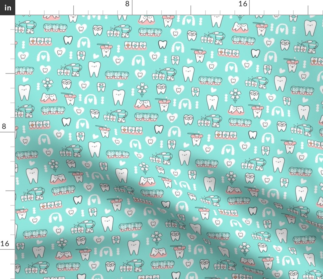 2 inches tooth. Mint Dentist and Orthodontic medicine fabric pattern with teeth, tooth, invisible braces, water floss irrigation, toothbrush. Oral hygiene design.