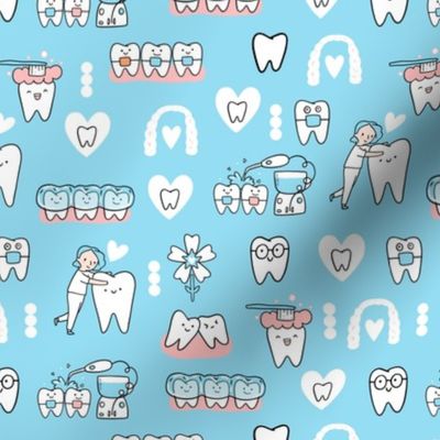 Blue Dentist and Orthodontics medicine fabric pattern with invisible braces, water floss irrigation, toothbrush. Oral hygiene design.