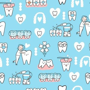 Blue Dentist and Orthodontics medicine fabric pattern with invisible braces, water floss irrigation, toothbrush. Oral hygiene design.