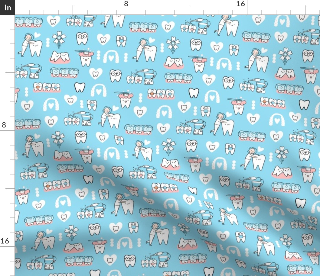 Blue Dentist and Orthodontics medicine fabric pattern with invisible braces, water floss irrigation, toothbrush. Oral hygiene design.