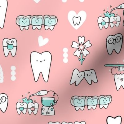 Pink Dentist and Orthodontics medicine fabric pattern with invisible braces, water floss irrigation, toothbrush. Oral hygiene design.