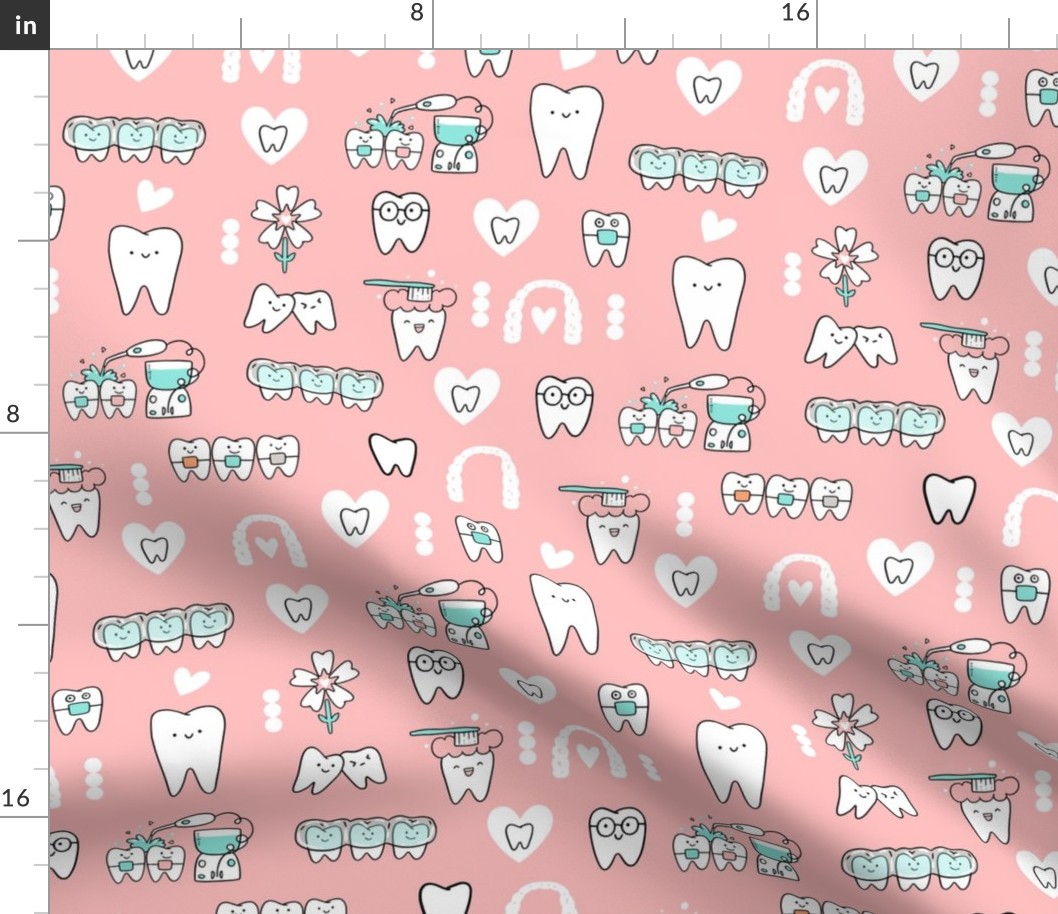 Pink Dentist and Orthodontics medicine fabric pattern with invisible braces, water floss irrigation, toothbrush. Oral hygiene design.