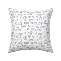 White Dentist and Orthodontics medicine fabric pattern with invisible braces, water floss irrigation, toothbrush. Oral hygiene design.