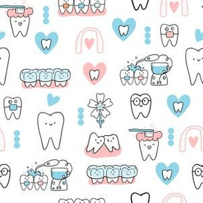 White Dentist and Orthodontics medicine fabric pattern with invisible braces, water floss irrigation, toothbrush. Oral hygiene design.