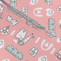 Pink Dentist and Orthodontics medicine fabric pattern with invisible braces, water floss irrigation, toothbrush. Oral hygiene design.