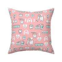 Pink Dentist and Orthodontics medicine fabric pattern with invisible braces, water floss irrigation, toothbrush. Oral hygiene design.