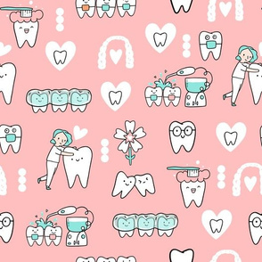 Pink Dentist and Orthodontics medicine fabric pattern with invisible braces, water floss irrigation, toothbrush. Oral hygiene design.