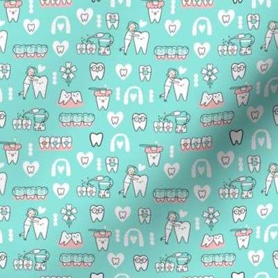 Extra small Mint Dentist and Orthodontics medicine fabric pattern with invisible braces, water floss irrigation, toothbrush. Oral hygiene design.