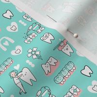 Extra small Mint Dentist and Orthodontics medicine fabric pattern with invisible braces, water floss irrigation, toothbrush. Oral hygiene design.
