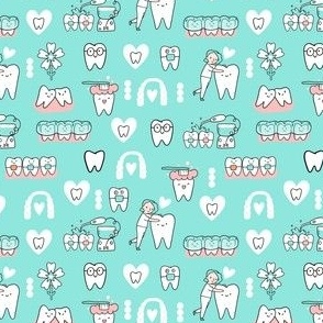 Extra small Mint Dentist and Orthodontics medicine fabric pattern with invisible braces, water floss irrigation, toothbrush. Oral hygiene design.