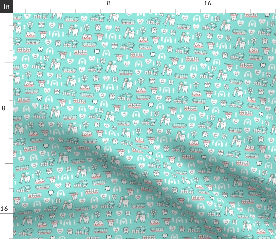 Extra small Mint Dentist and Orthodontics medicine fabric pattern with invisible braces, water floss irrigation, toothbrush. Oral hygiene design.