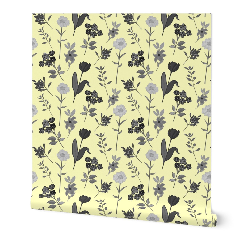 Spring Garden Chintz - greyscale on pastel yellow, medium 