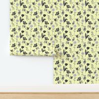 Spring Garden Chintz - greyscale on pastel yellow, medium 