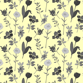 Spring Garden Chintz - greyscale on pastel yellow, medium 