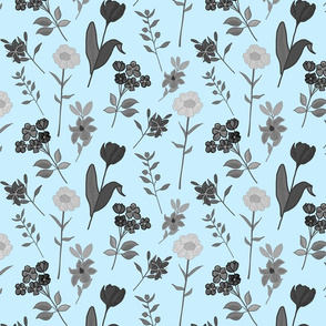 Spring Garden Chintz - greyscale on pastel blue, medium 