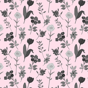 Spring Garden Chintz - greyscale on pastel pink, medium 