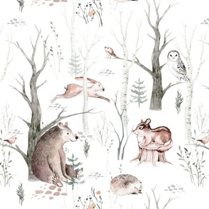 Scandinavian woodland animal pattern. Forest watercolor collection 10