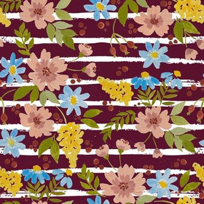 gouache flowers with stripes, bordeaux background