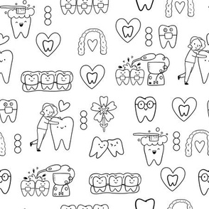 Dentist orthodontics pattern design with invisible braces, water floss irrigator, toothbrush, teeth  