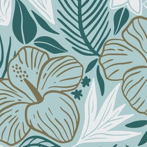 Tropical leaves and flowers with blue background and green leaves