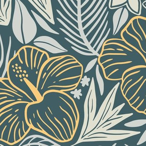 Tropical leaves and flowers dark green background