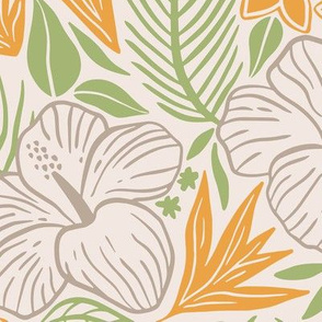 Tropical leaves and flowers light colors with orange and green