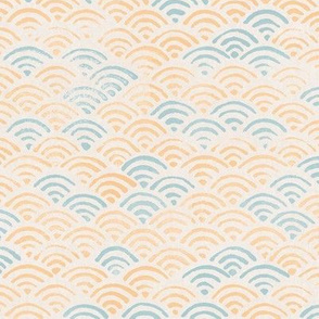 Ocean Waves Block Print Pattern (xl scale) | Ocean fabric, surf fabric, blue and yellow boho print for coastal decor, beach wrap.
