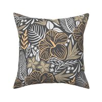 Tropical leaves and flowers earth tones in dark 