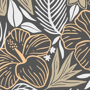Tropical leaves and flowers earth tones in dark 