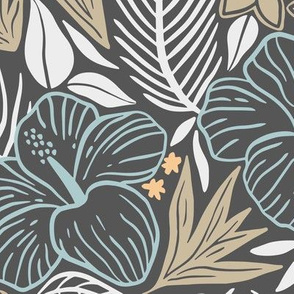 Tropical leaves and flowers earth tones and blue