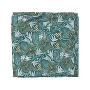 Tropical leaves and flowers dark green and blue