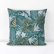 Tropical leaves and flowers dark green and blue