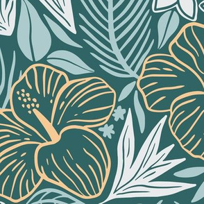 Tropical leaves and flowers dark green and blue