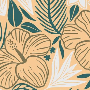 Tropical leaves and flowers cream and green