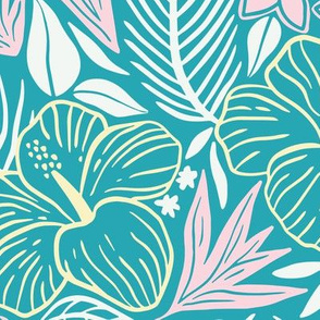 Tropical leaves and flowers turquoise and pink