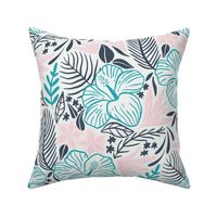 Tropical leaves and flowers dark grey, pink and turquoise