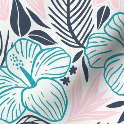 Tropical leaves and flowers dark grey, pink and turquoise