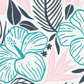 Tropical leaves and flowers dark grey, pink and turquoise