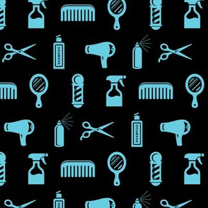 Salon & Barber Hairdresser Pattern in Aquamarine Blue with Black Background