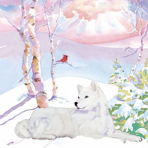 Samoyed  and  Cardinal Winter Scene