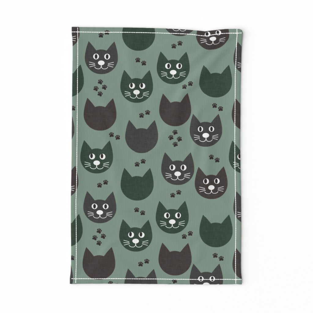 Cat fabric // Cat faces // Green and black cat kids fabric 