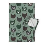 Cat fabric // Cat faces // Green and black cat kids fabric 