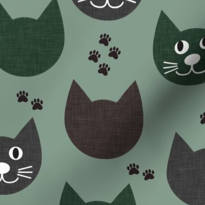 Cat fabric // Cat faces // Green and black cat kids fabric 