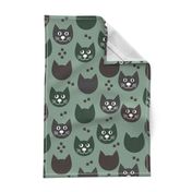 Cat fabric // Cat faces // Green and black cat kids fabric 