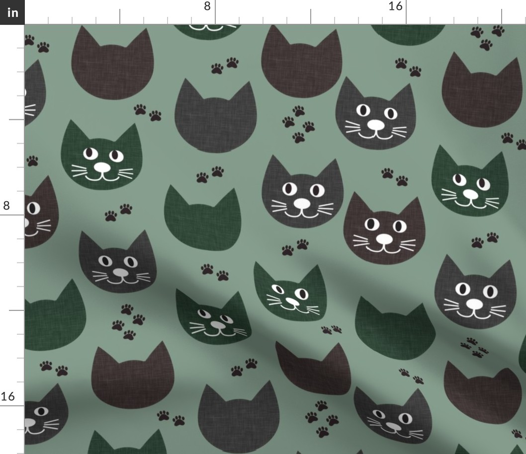 Cat fabric // Cat faces // Green and black cat kids fabric 