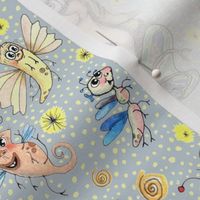 quirky bioluminescent butterfly fantasy girl and friends, large scale, blue gray grey yellow peach coral pink