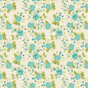sweet blue and cream ditsy florals,  farmhouse cottage florals turquoise TerriConradDesigns
