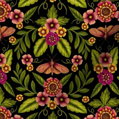 Dark Moths & Flowers - Moody Floral Pattern